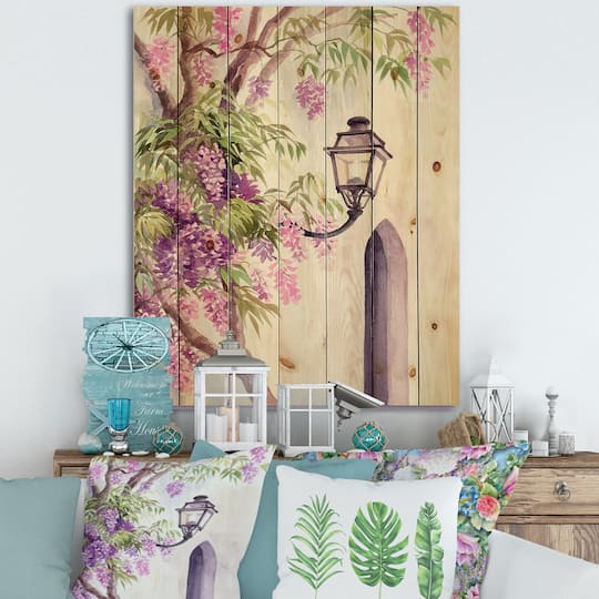 Designart - Wisteria and Lantern - Traditional Print on Natural Pine Wood
